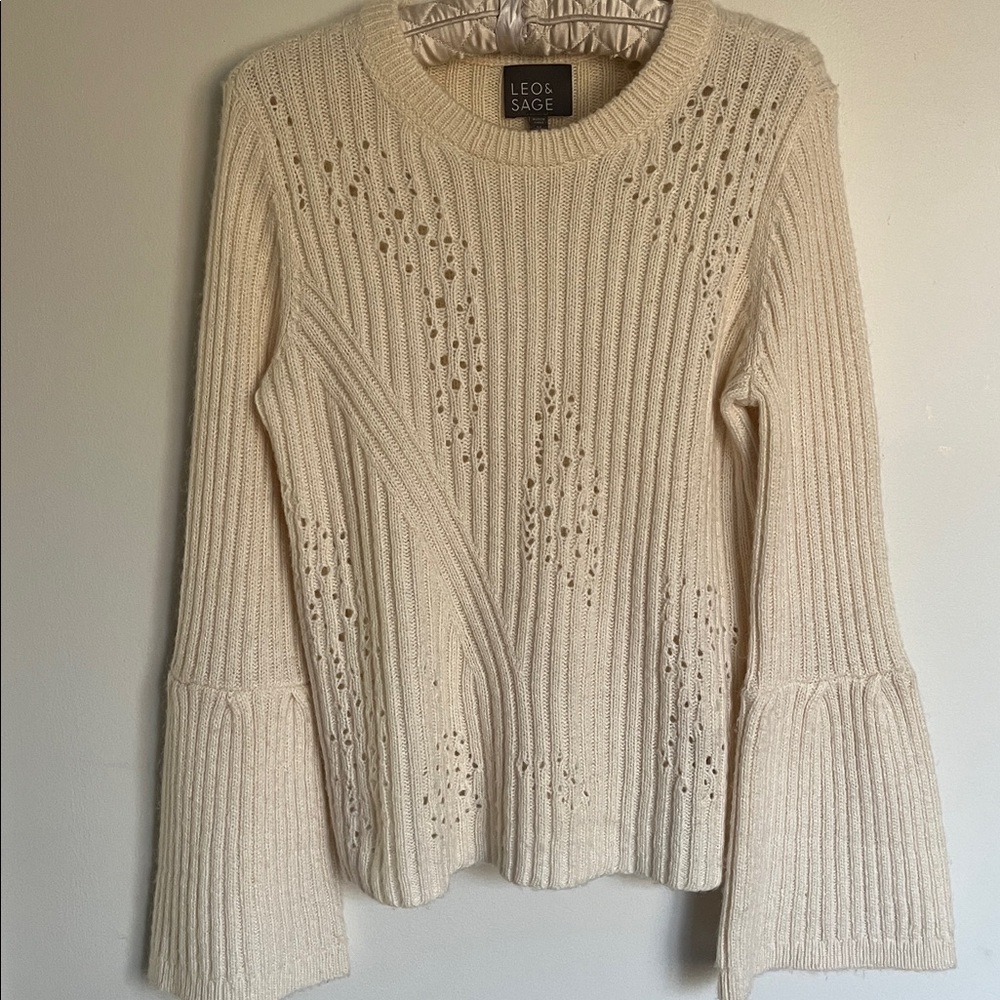 Leo & Sage Ivory Cream Ribbed Sweater Bell Sleeves Merino Wool Mohair